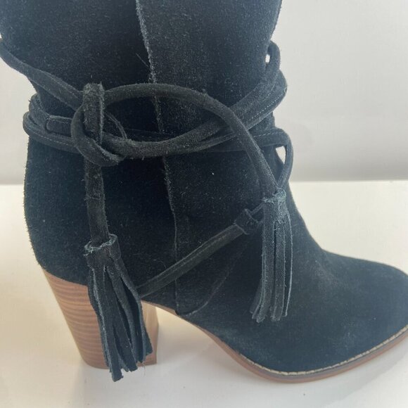 ALDO Suede Ankle Boots Stacked Heel Wrap Tassel Detail Black Women's US 8.5 NWOT - Picture 10 of 14